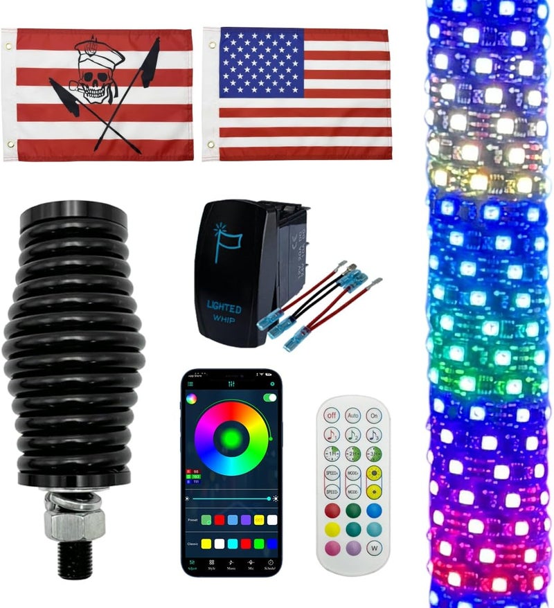 cezelux 1 Pack 3FT Fat Whip Lights, LED Whip Lights with App & Remote Control, Spiral RGB Chasing Lighted Antenna Whips with Rocket Switch, ATV Stick Fat Whips for Can-Am SXS Truck RZR UTV Can-Am X3 Off-Road - Image 1